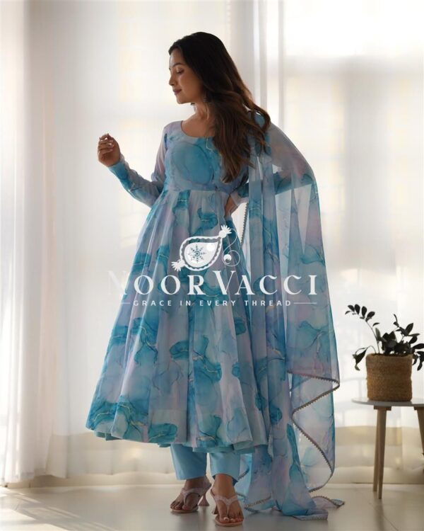 Buy Marble Print Organza Silk Anarkali Suit with Dupatta & Pant Set - Image 8