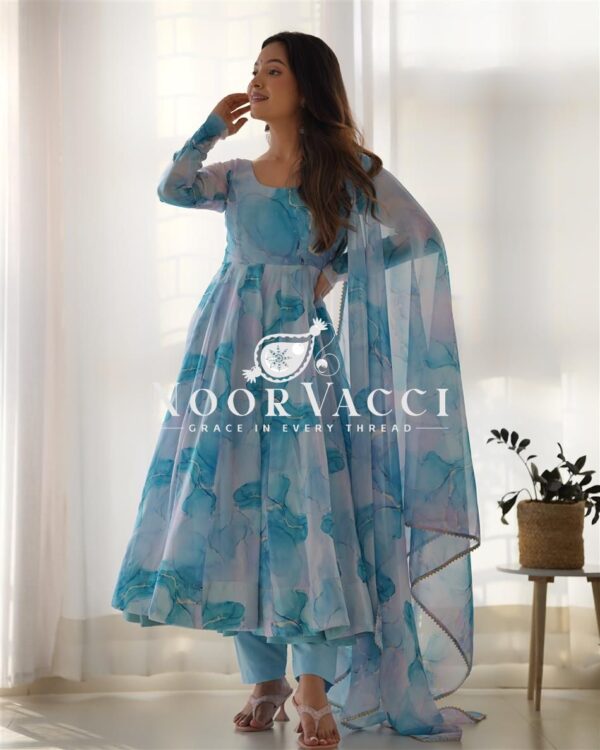Buy Marble Print Organza Silk Anarkali Suit with Dupatta & Pant Set - Image 3