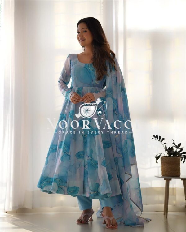 Buy Marble Print Organza Silk Anarkali Suit with Dupatta & Pant Set - Image 4