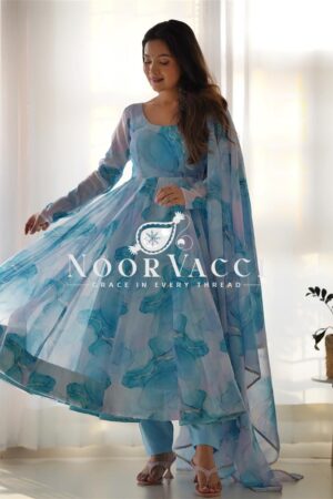 Buy Marble Print Organza Silk Anarkali Suit with Dupatta & Pant Set