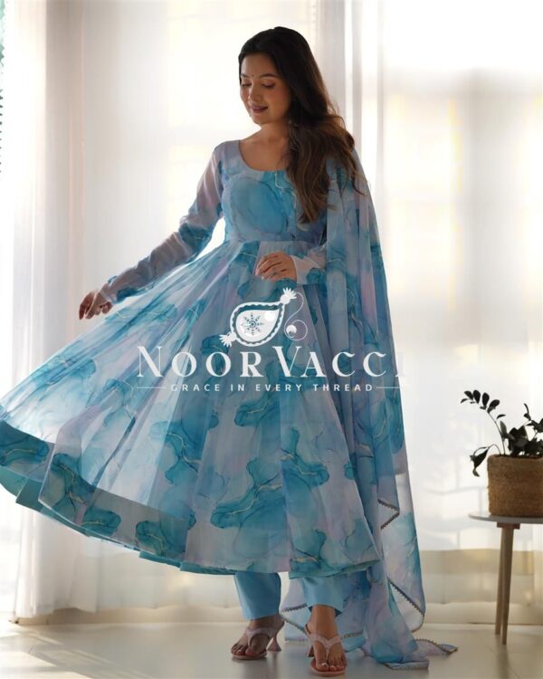 Buy Marble Print Organza Silk Anarkali Suit with Dupatta & Pant Set