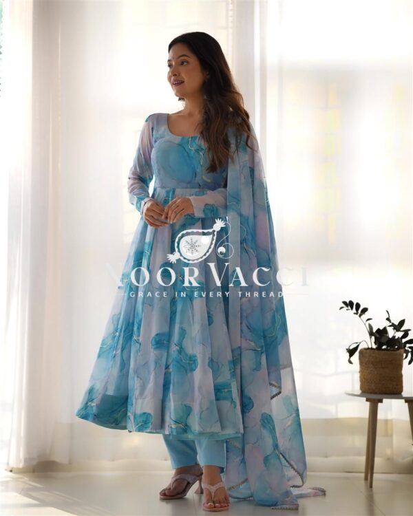Buy Marble Print Organza Silk Anarkali Suit with Dupatta & Pant Set - Image 5