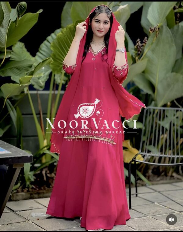 Buy Pure Fox Georgette Embroidered Top with Sharara & Dupatta – Ready to Wear