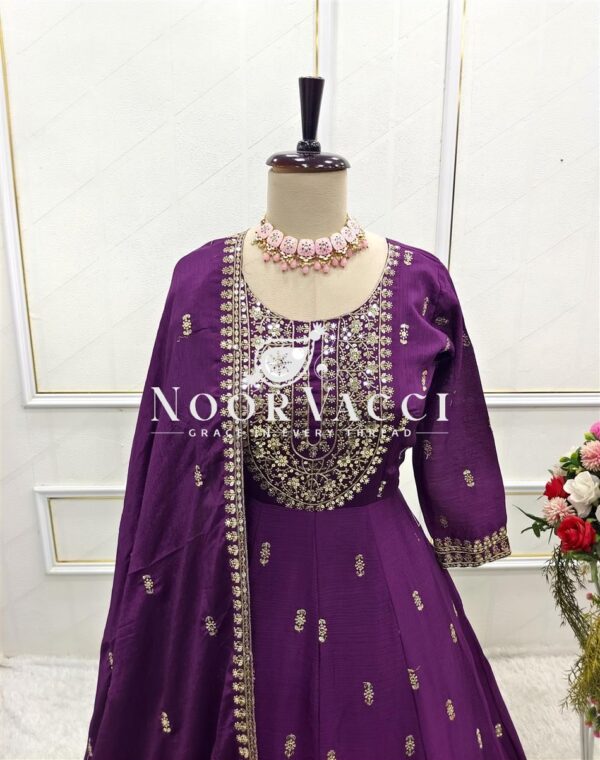 Shop Heavy Chinon Silk Embroidered Gown with Pant & Dupatta Set – Ready to Wear - Image 2