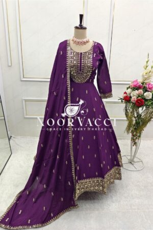 Shop Heavy Chinon Silk Embroidered Gown with Pant & Dupatta Set – Ready to Wear