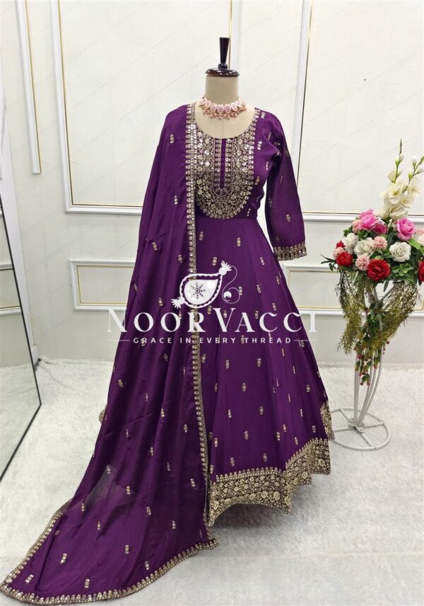 Shop Heavy Chinon Silk Embroidered Gown with Pant & Dupatta Set – Ready to Wear