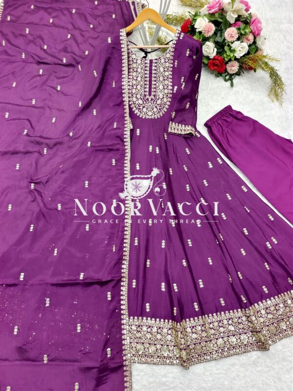 Shop Heavy Chinon Silk Embroidered Gown with Pant & Dupatta Set – Ready to Wear - Image 4