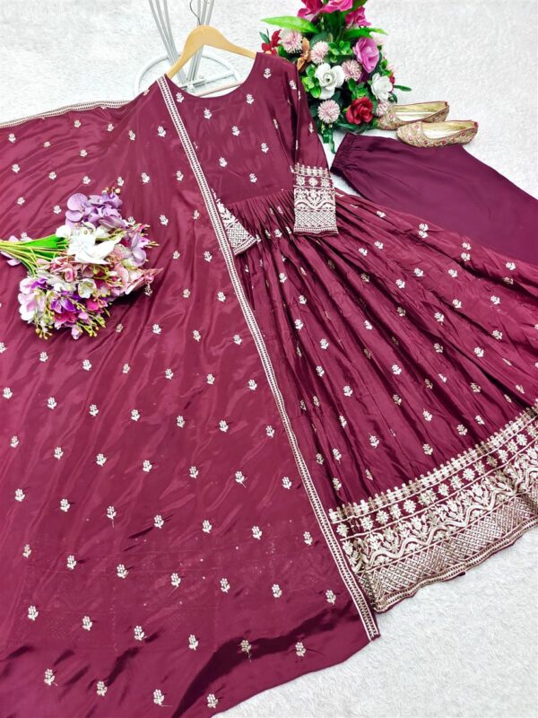 Pure Chinon Silk Embroidered Gown Set with Pant & Dupatta - Image 5