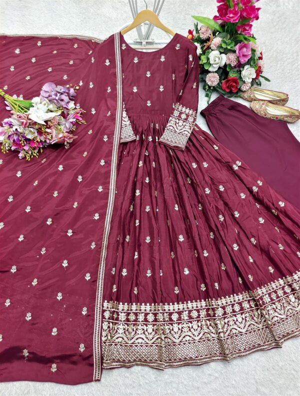 Pure Chinon Silk Embroidered Gown Set with Pant & Dupatta - Image 4
