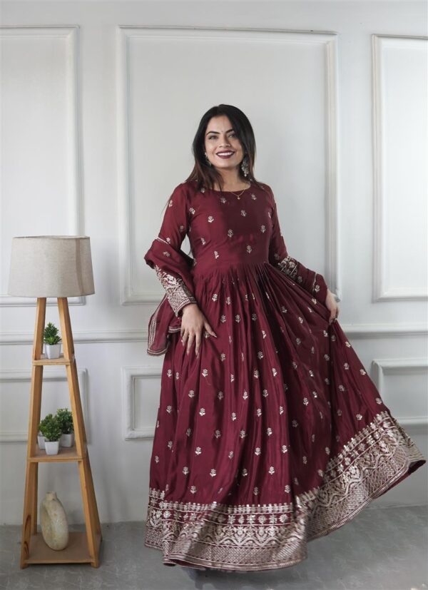 Pure Chinon Silk Embroidered Gown Set with Pant & Dupatta - Image 3