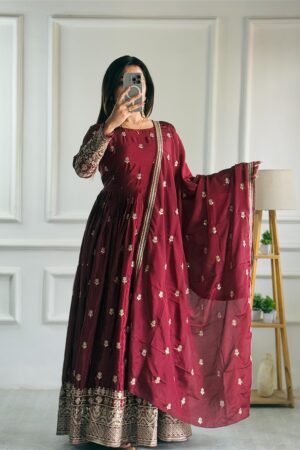 Pure Chinon Silk Embroidered Gown Set with Pant & Dupatta