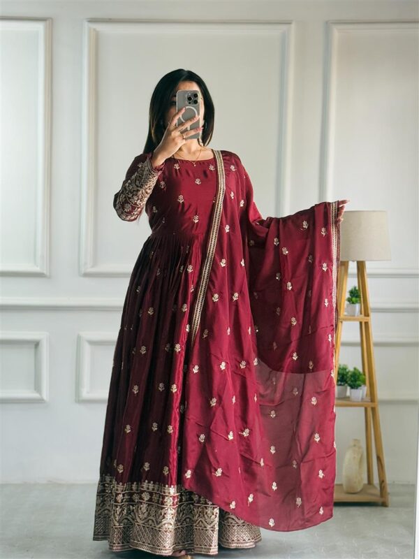 Pure Chinon Silk Embroidered Gown Set with Pant & Dupatta
