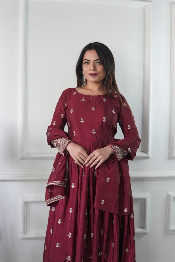 Pure Chinon Silk Embroidered Gown Set with Pant & Dupatta - Image 2