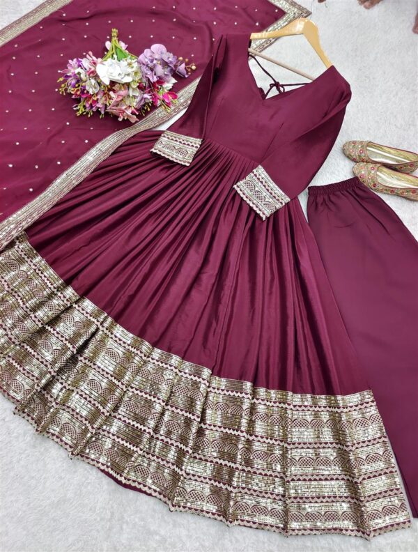 Pure Chinon Silk Embroidered Gown with Dupatta & Pant Set - Image 4
