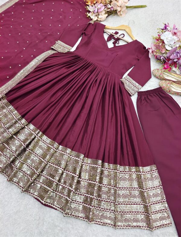 Pure Chinon Silk Embroidered Gown with Dupatta & Pant Set - Image 5