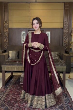 Pure Chinon Silk Embroidered Gown with Dupatta & Pant Set