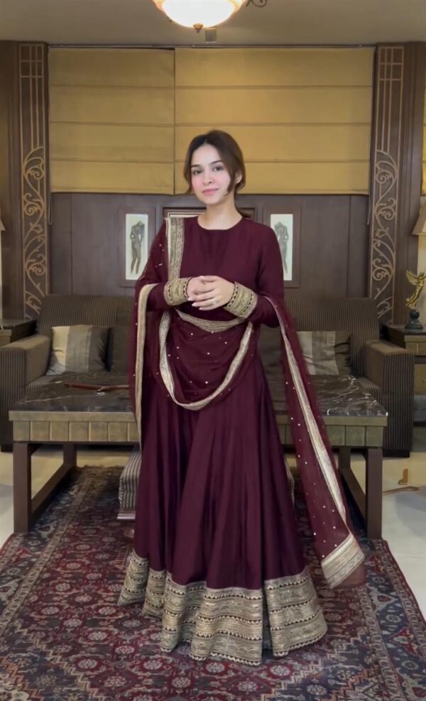 Pure Chinon Silk Embroidered Gown with Dupatta & Pant Set