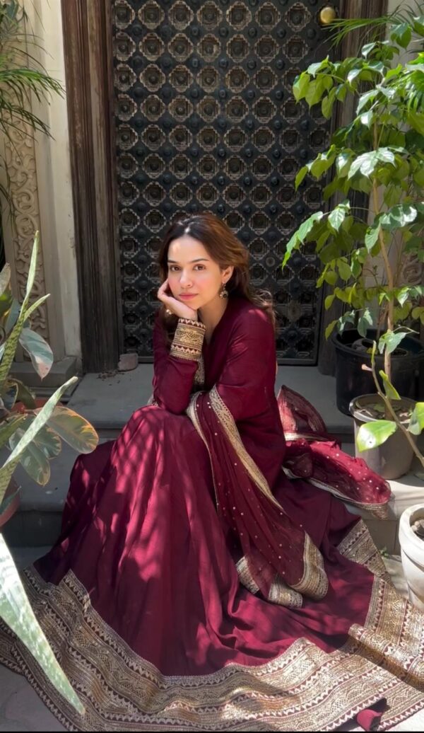 Pure Chinon Silk Embroidered Gown with Dupatta & Pant Set - Image 2