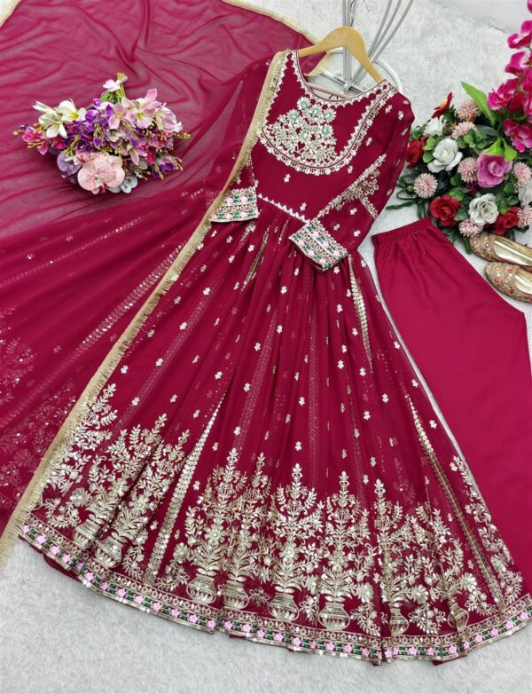 Blooming Georgette Embroidered Gown with Dupatta & Pant Set - Image 5