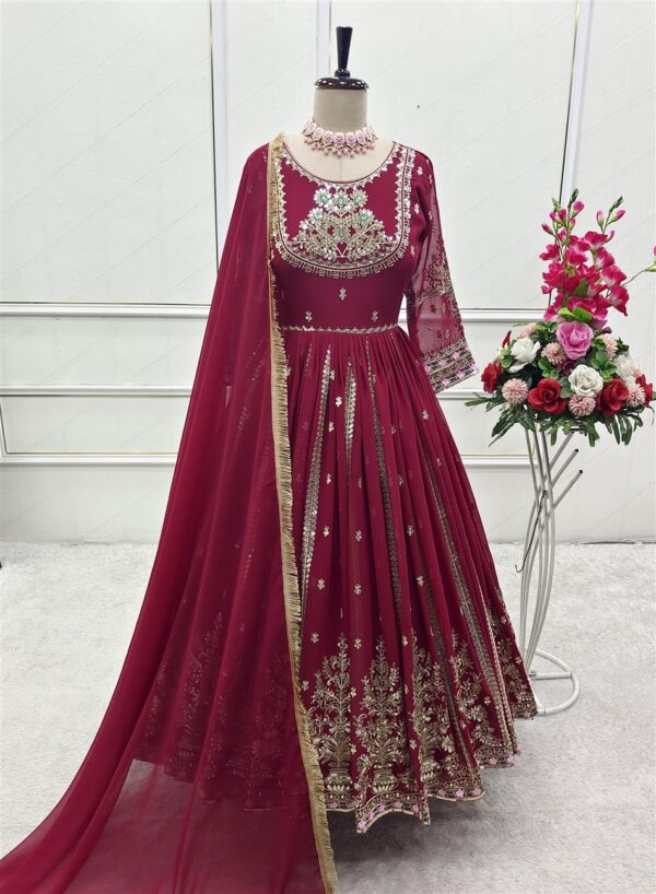 Blooming Georgette Embroidered Gown with Dupatta & Pant Set - Image 4