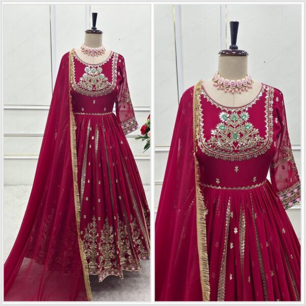 Blooming Georgette Embroidered Gown with Dupatta & Pant Set - Image 3