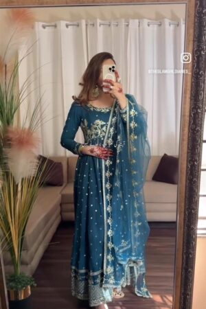 Fox Georgette Embroidered Gown with Dupatta & Pant Set