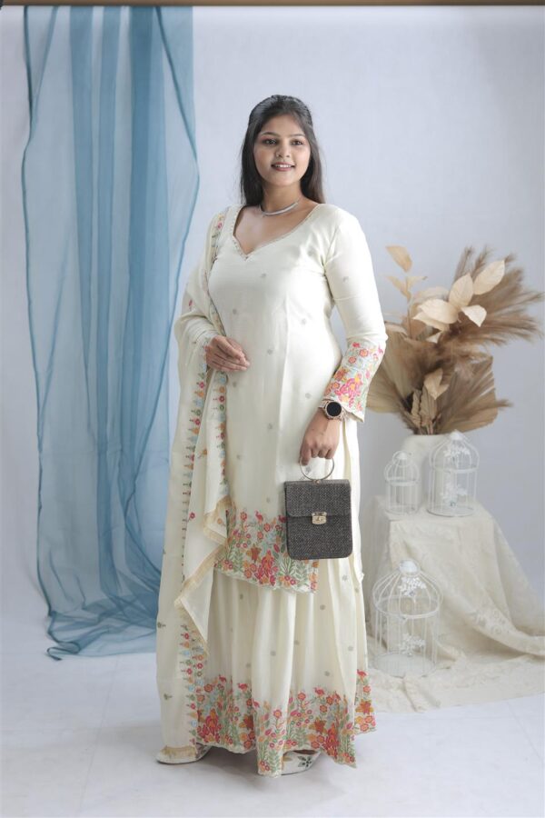 Cinon Silk Molty Thread Embroidered Sharara Set with Dupatta - Image 4