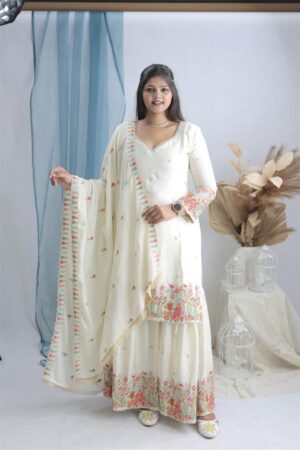 Cinon Silk Molty Thread Embroidered Sharara Set with Dupatta