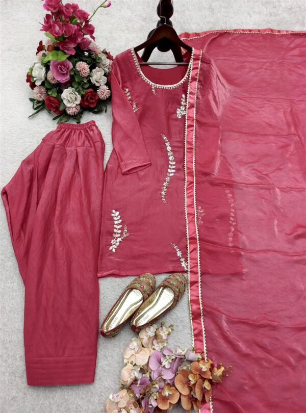 Fendy Silk Embroidered Farshi Suit with Dupatta - Image 3