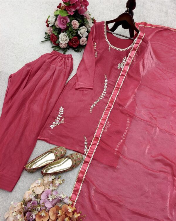 Fendy Silk Embroidered Farshi Suit with Dupatta - Image 4