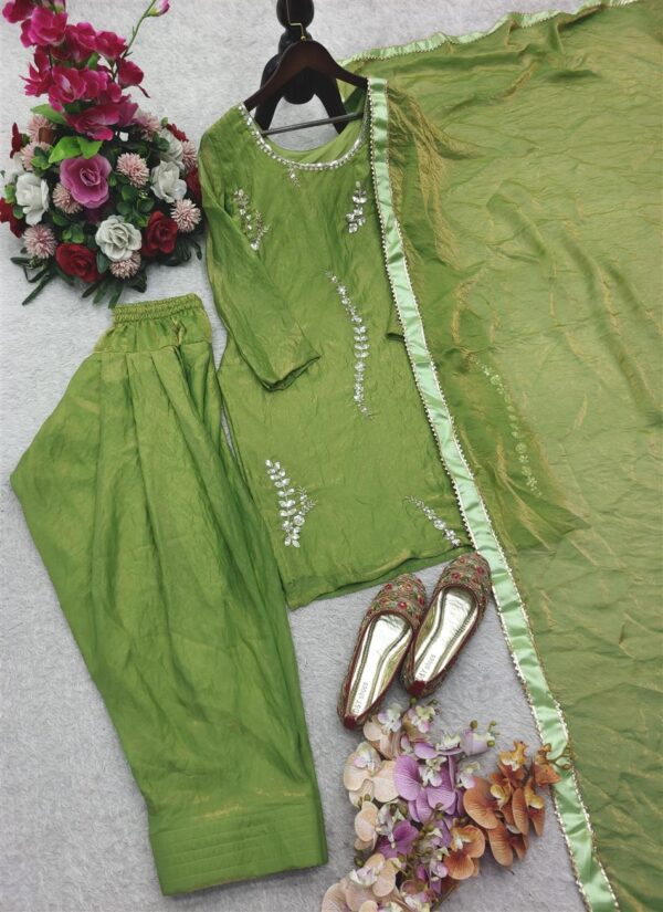 Fendy Silk Embroidered Farshi Suit with Dupatta - Image 4