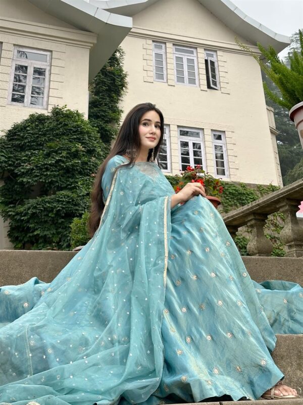Women’s Heavy Vichitra Silk Embroidered Gown Pant Dupatta Set - Image 3