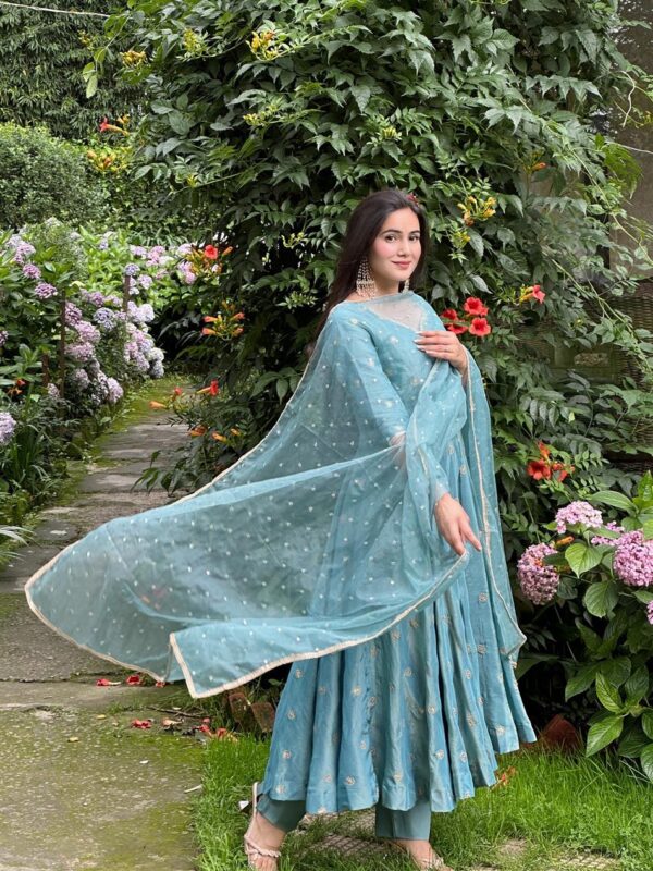 Women’s Heavy Vichitra Silk Embroidered Gown Pant Dupatta Set - Image 5
