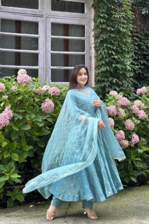 Women’s Heavy Vichitra Silk Embroidered Gown Pant Dupatta Set