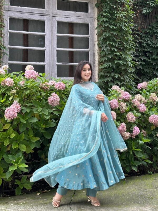 Women’s Heavy Vichitra Silk Embroidered Gown Pant Dupatta Set
