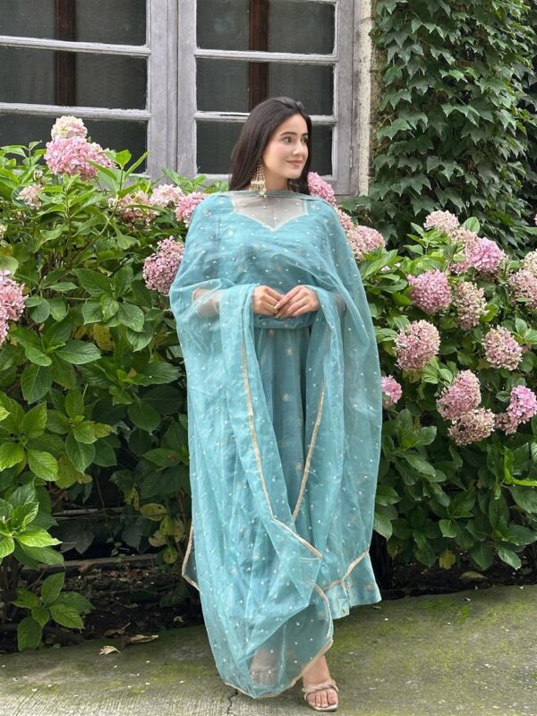 Women’s Heavy Vichitra Silk Embroidered Gown Pant Dupatta Set - Image 2