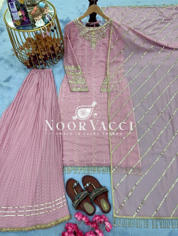 Shop Heavy Faux Georgette Embroidered Top-Plazzo Set with Rivet Moti & Lace Dupatta - Image 9