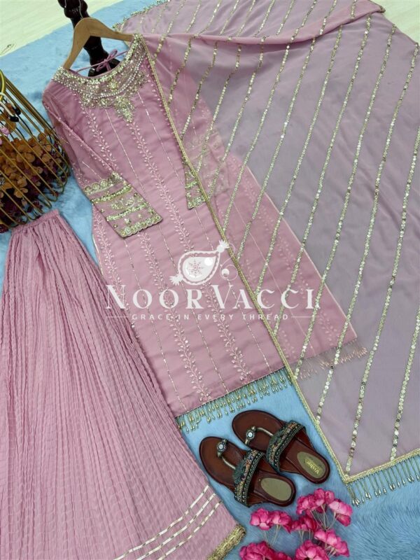 Shop Heavy Faux Georgette Embroidered Top-Plazzo Set with Rivet Moti & Lace Dupatta - Image 10