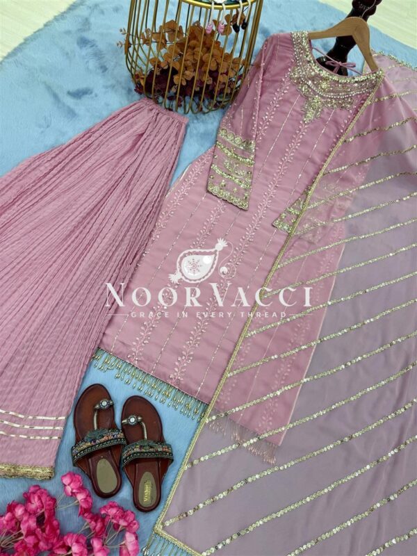 Shop Heavy Faux Georgette Embroidered Top-Plazzo Set with Rivet Moti & Lace Dupatta - Image 7