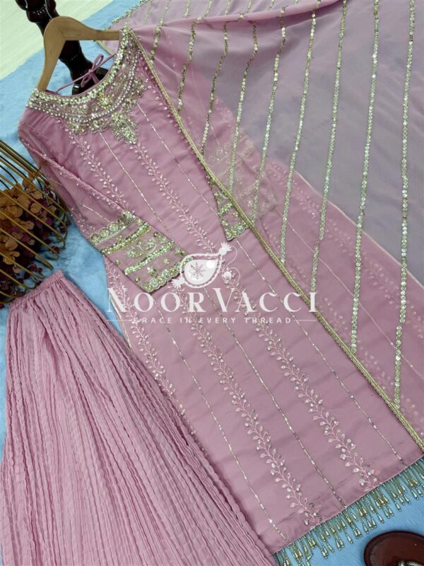 Shop Heavy Faux Georgette Embroidered Top-Plazzo Set with Rivet Moti & Lace Dupatta - Image 8