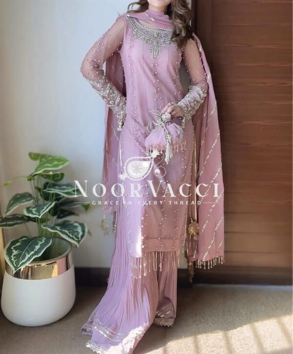 Shop Heavy Faux Georgette Embroidered Top-Plazzo Set with Rivet Moti & Lace Dupatta - Image 5