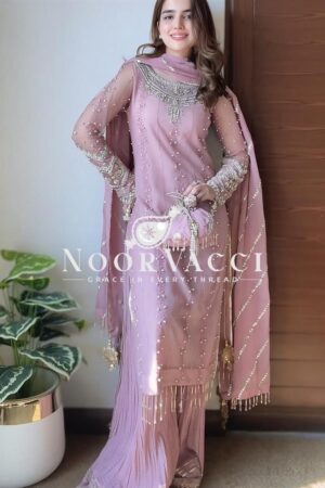 Shop Heavy Faux Georgette Embroidered Top-Plazzo Set with Rivet Moti & Lace Dupatta