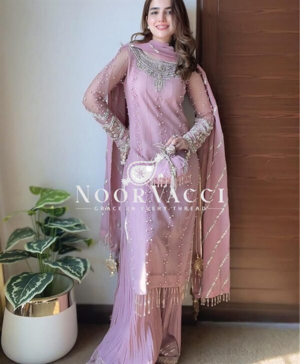 Shop Heavy Faux Georgette Embroidered Top-Plazzo Set with Rivet Moti & Lace Dupatta