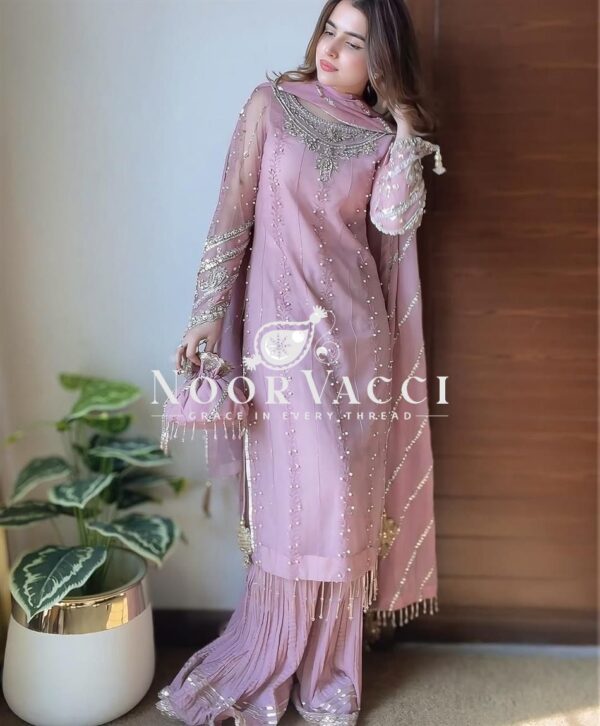 Shop Heavy Faux Georgette Embroidered Top-Plazzo Set with Rivet Moti & Lace Dupatta - Image 2