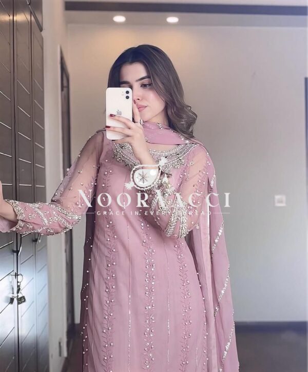 Shop Heavy Faux Georgette Embroidered Top-Plazzo Set with Rivet Moti & Lace Dupatta - Image 3