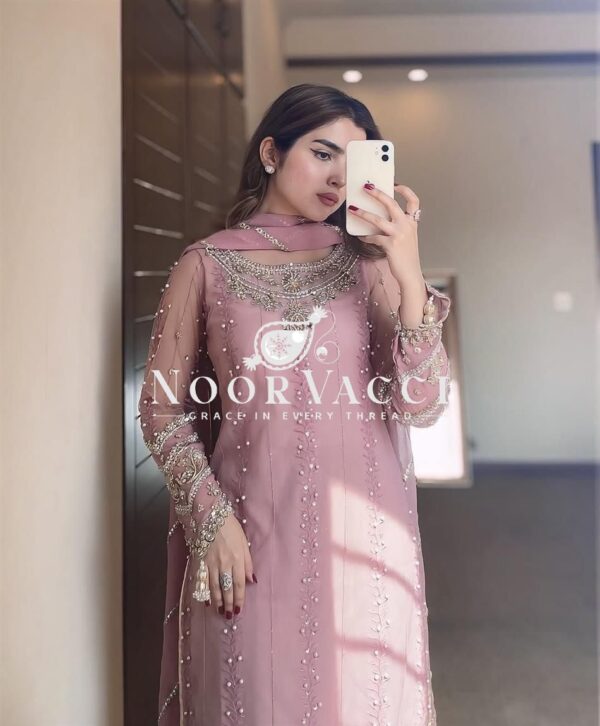 Shop Heavy Faux Georgette Embroidered Top-Plazzo Set with Rivet Moti & Lace Dupatta - Image 4