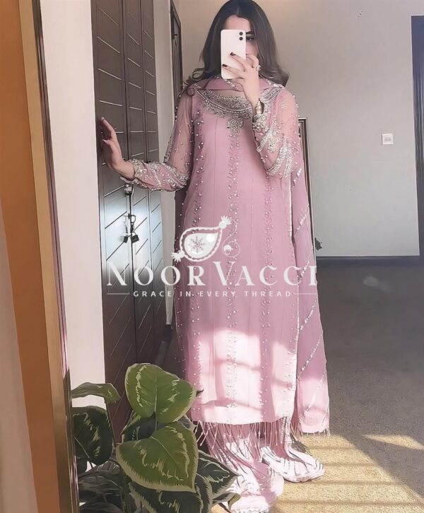 Shop Heavy Faux Georgette Embroidered Top-Plazzo Set with Rivet Moti & Lace Dupatta - Image 6