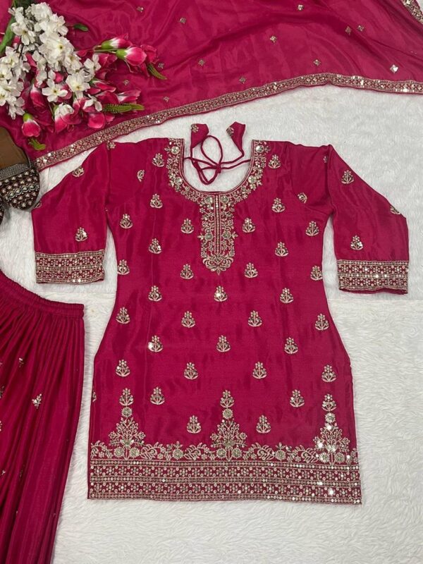 Designer Chinnon Silk Embroidered Top, Sharara Plazzo & Dupatta Set - Image 4