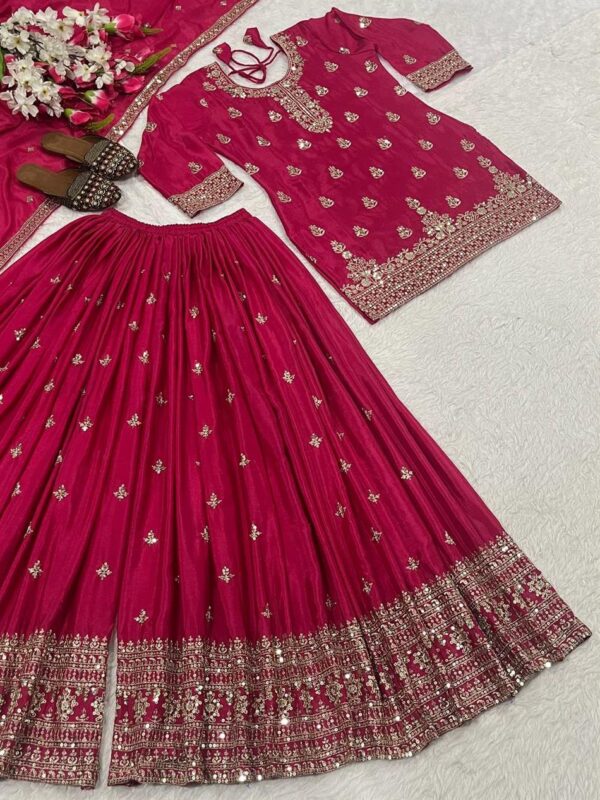 Designer Chinnon Silk Embroidered Top, Sharara Plazzo & Dupatta Set - Image 5