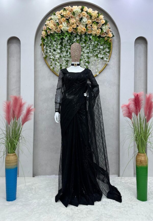 Designer Net Saree with Sequence Work & Fancy Lace - Image 4